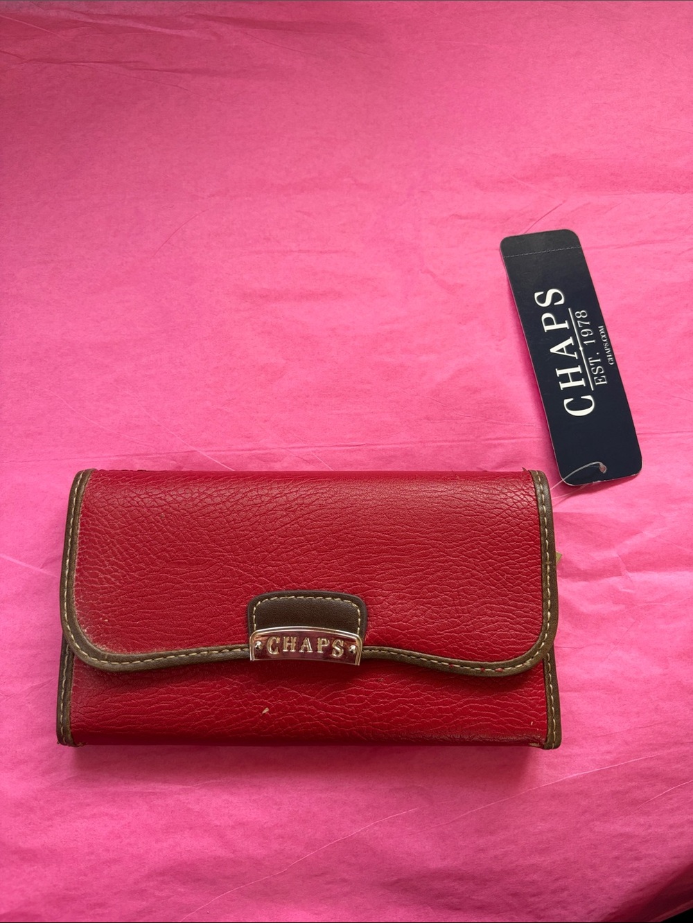 Chaps Red Trifold Card & Key Wallet with Brown Trim